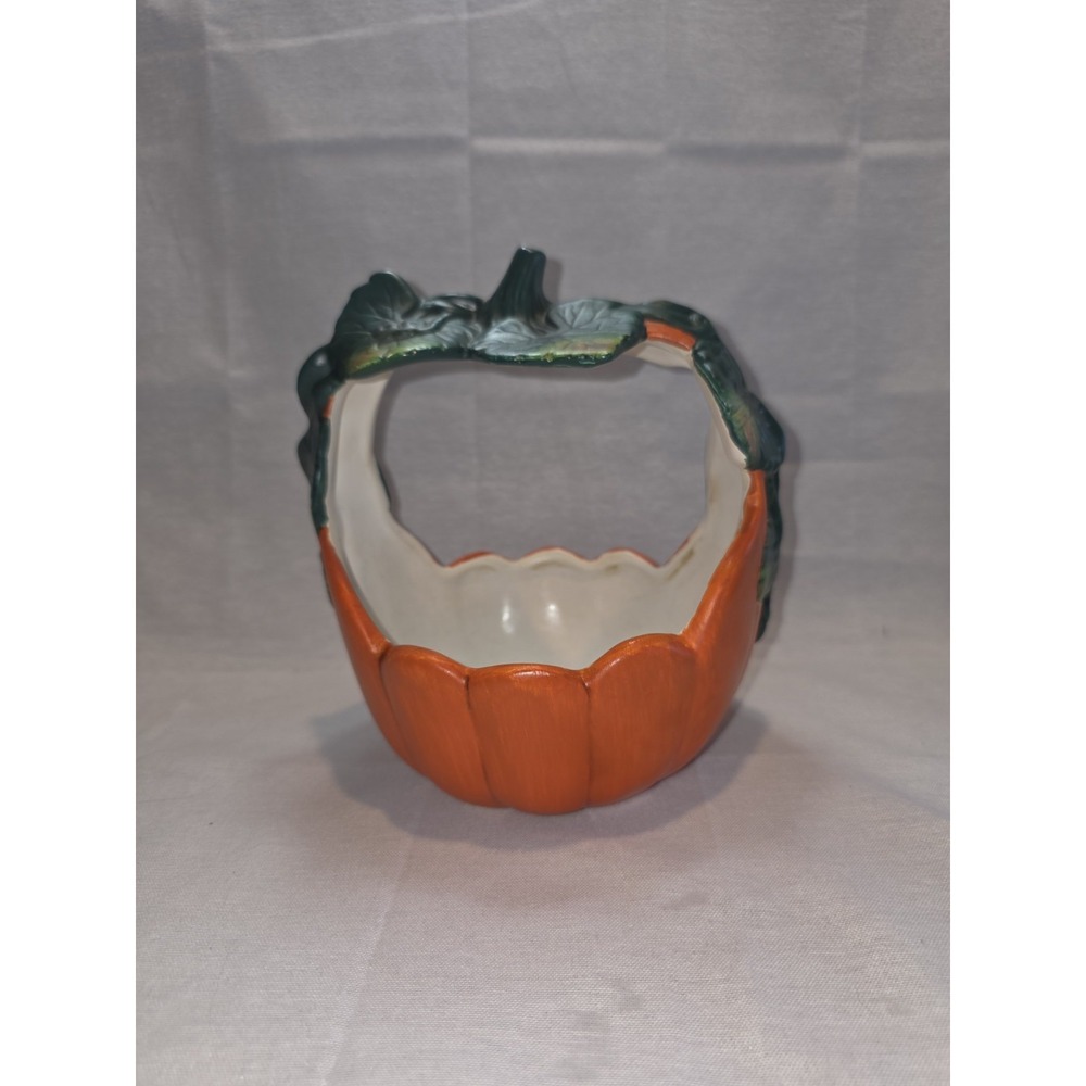 Fall Harvest Ceramic Pumpkin Basket Bowl w/Handle Halloween Thanksgiving Autumn!